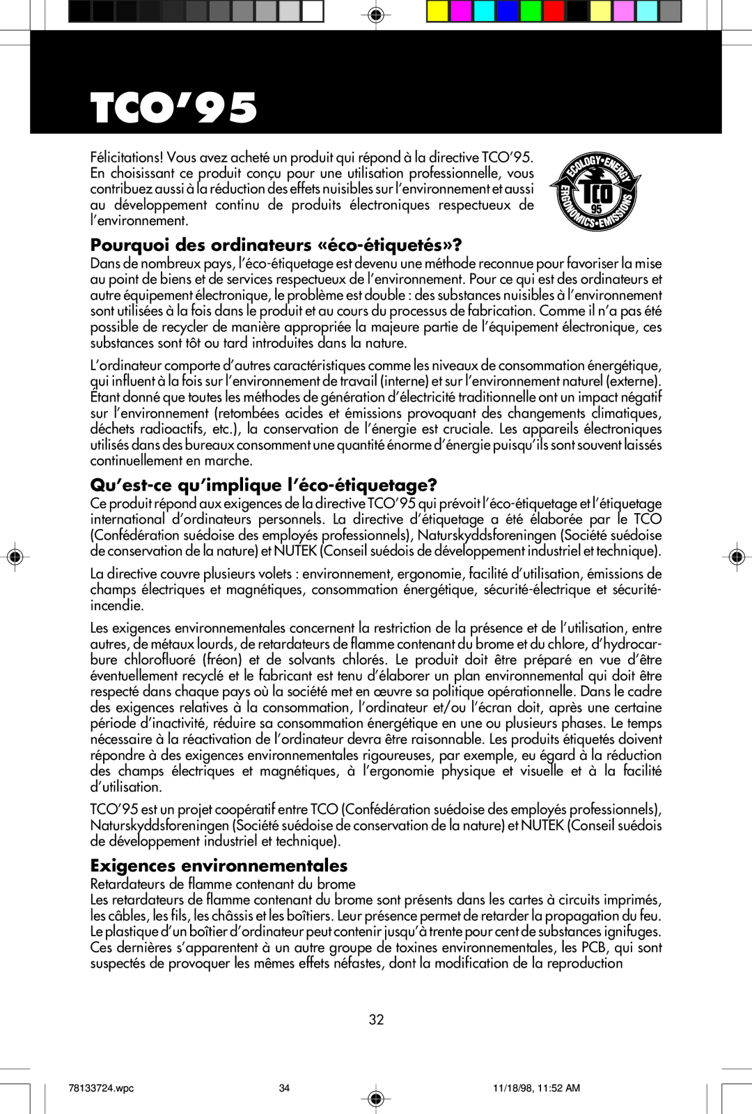 NEC E1100+ user manual TCO’95, Pourquoi des ordinateurs «éco-étiquetés»?, Qu’est-ce qu’implique l’éco-étiquetage? 