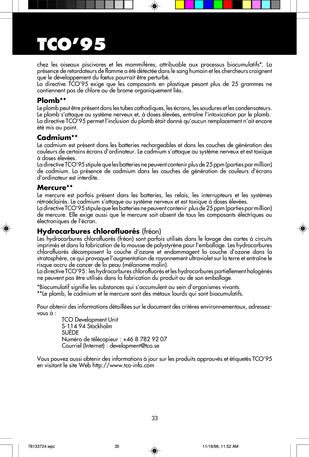 NEC E1100+ user manual Plomb, Cadmium, Mercure, Hydrocarbures chlorofluorés fréon 