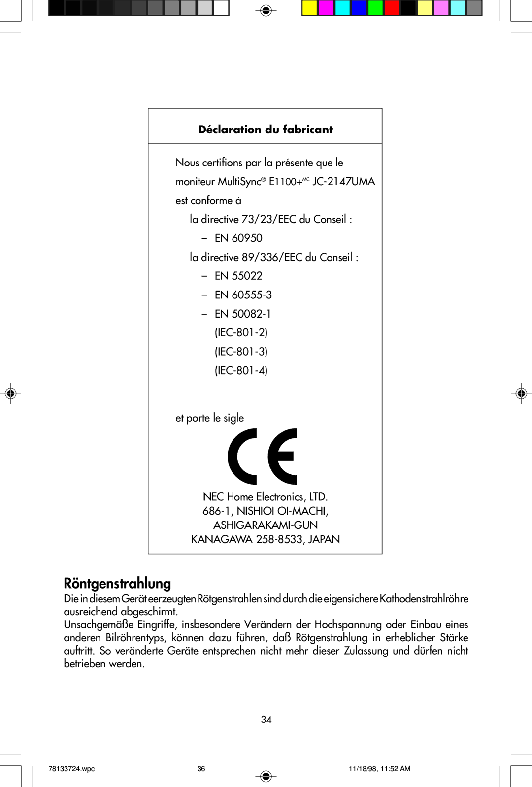 NEC E1100+ user manual Déclaration du fabricant 