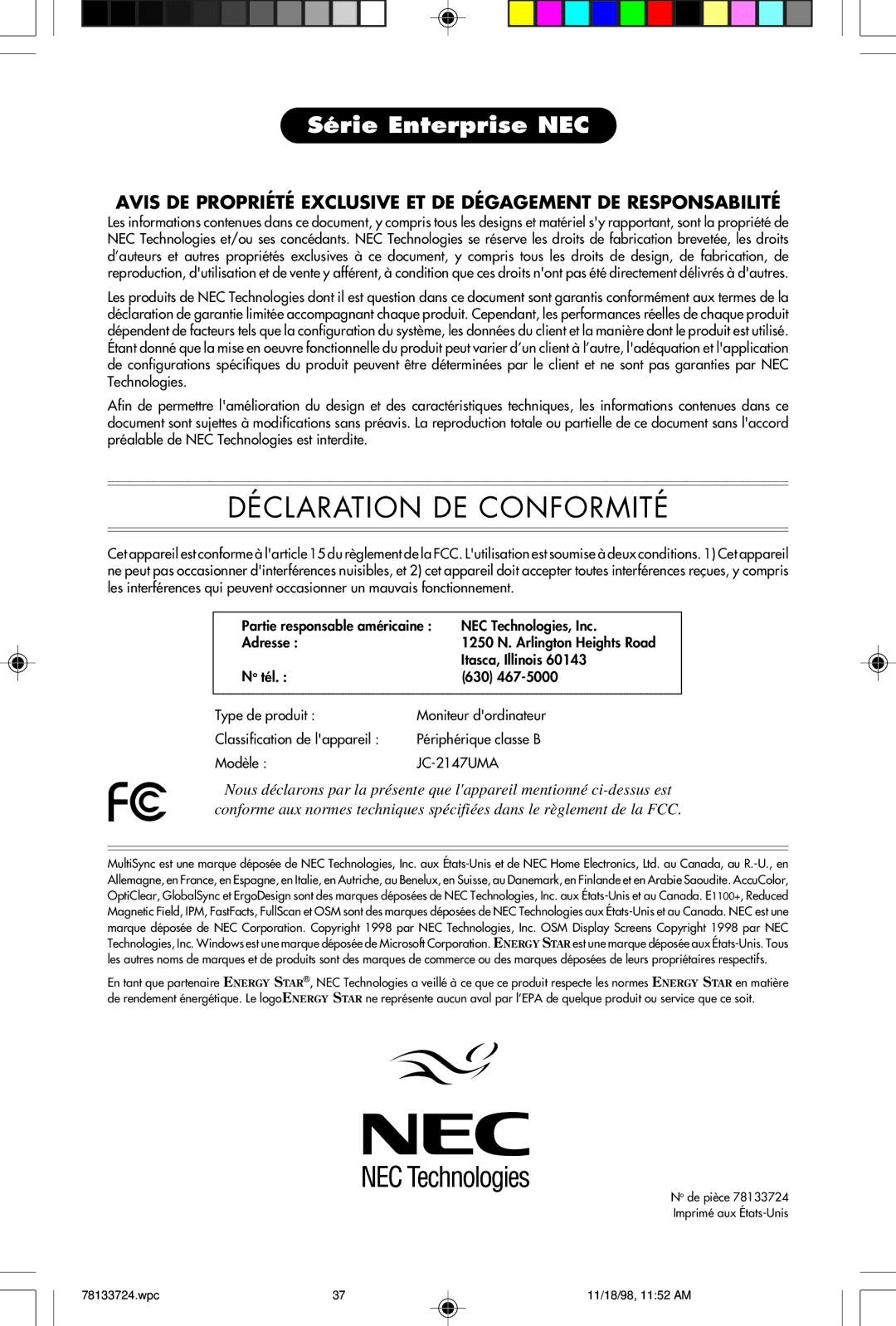 NEC E1100+ user manual Déclaration DE Conformité 