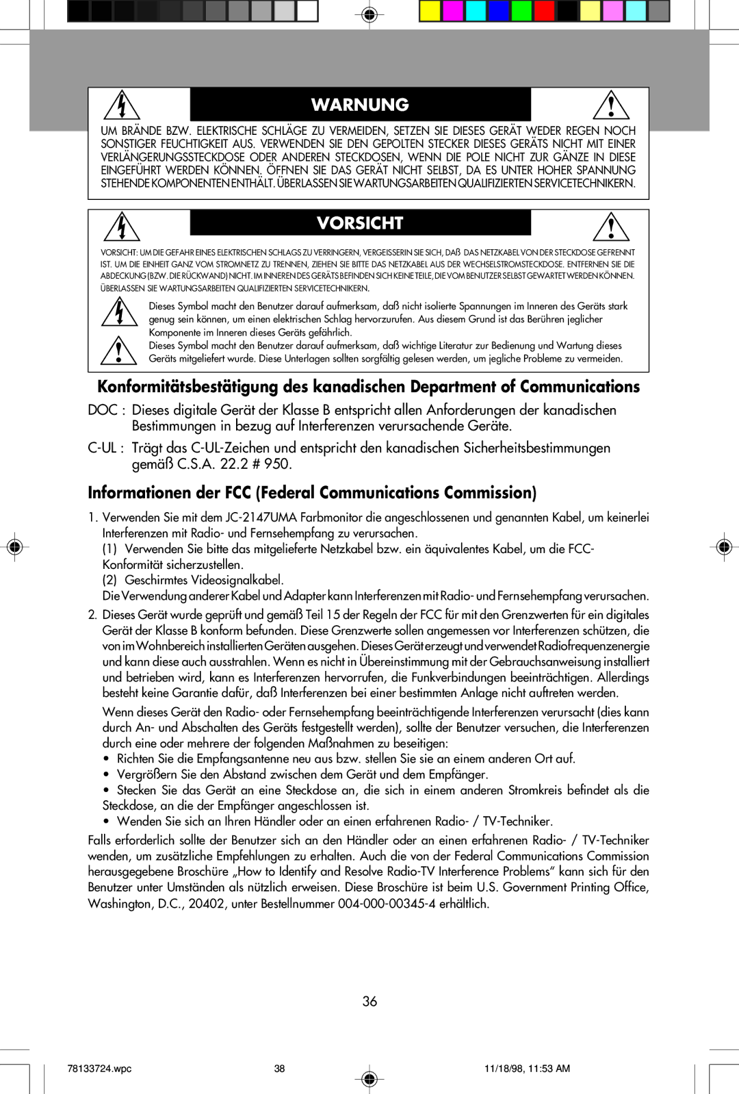 NEC E1100+ user manual Warnung, Informationen der FCC Federal Communications Commission 