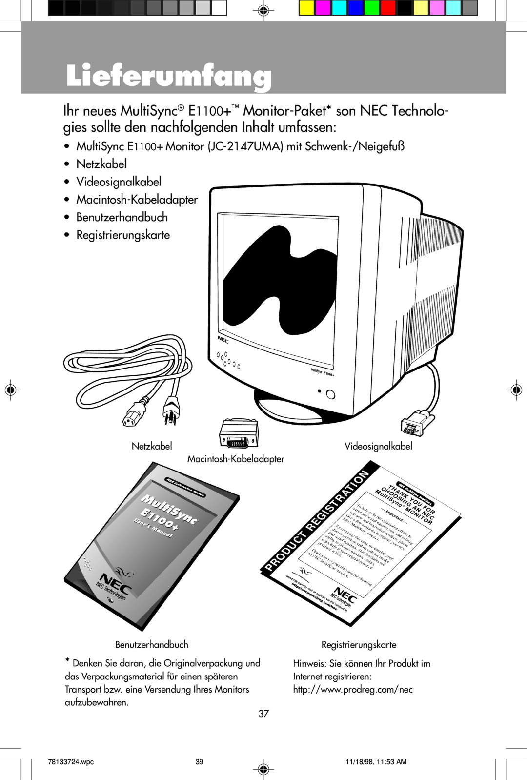 NEC E1100+ user manual Lieferumfang, Benutzerhandbuch Registrierungskarte 