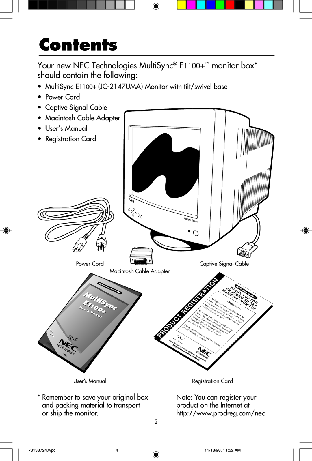 NEC E1100+ user manual Contents 