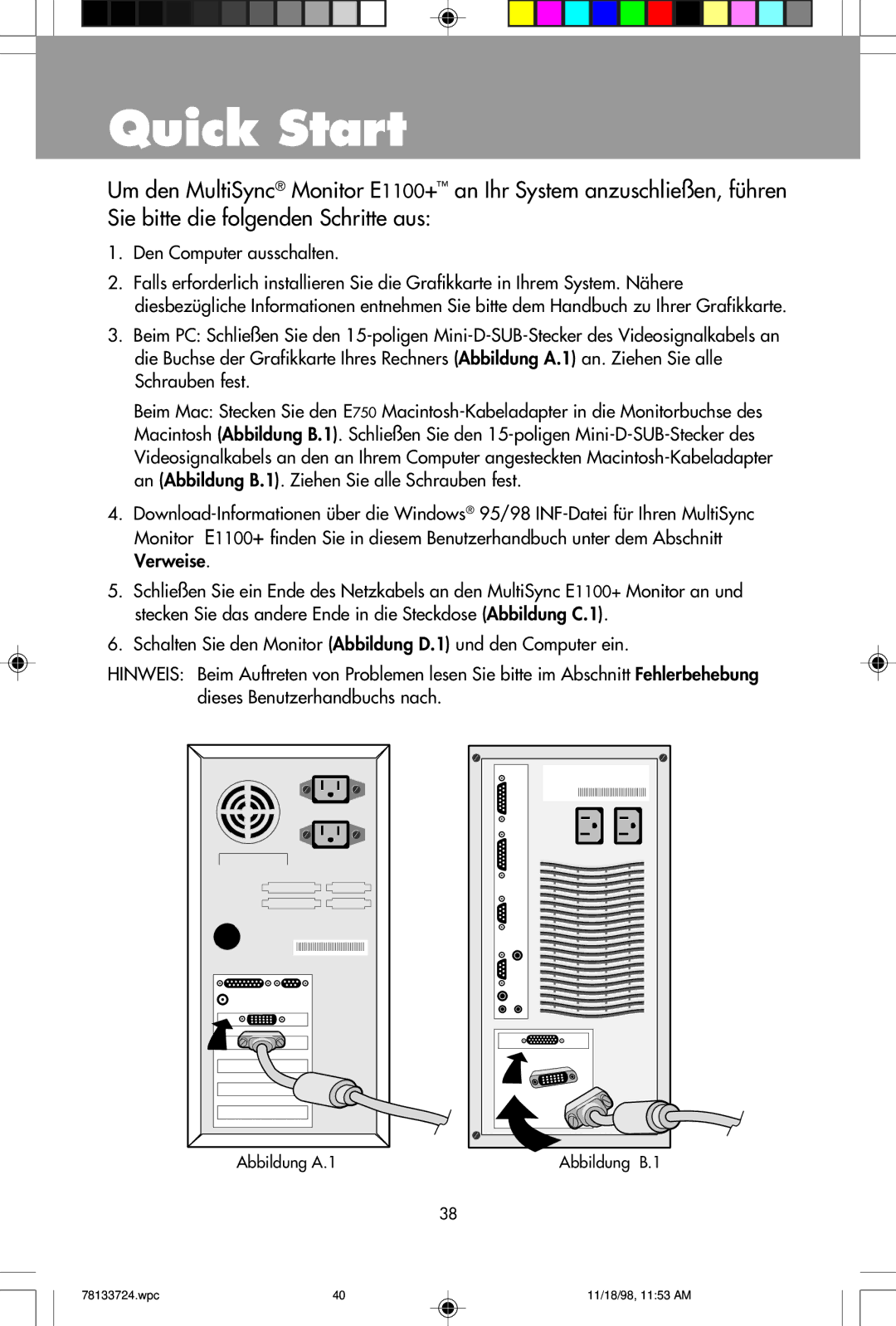 NEC E1100+ user manual Quick Start, Den Computer ausschalten 