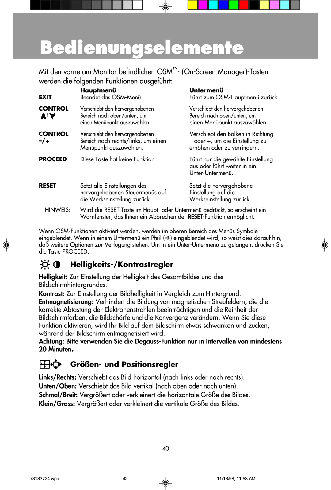 NEC E1100+ user manual Bedienungselemente, Helligkeits-/Kontrastregler, Größen- und Positionsregler 