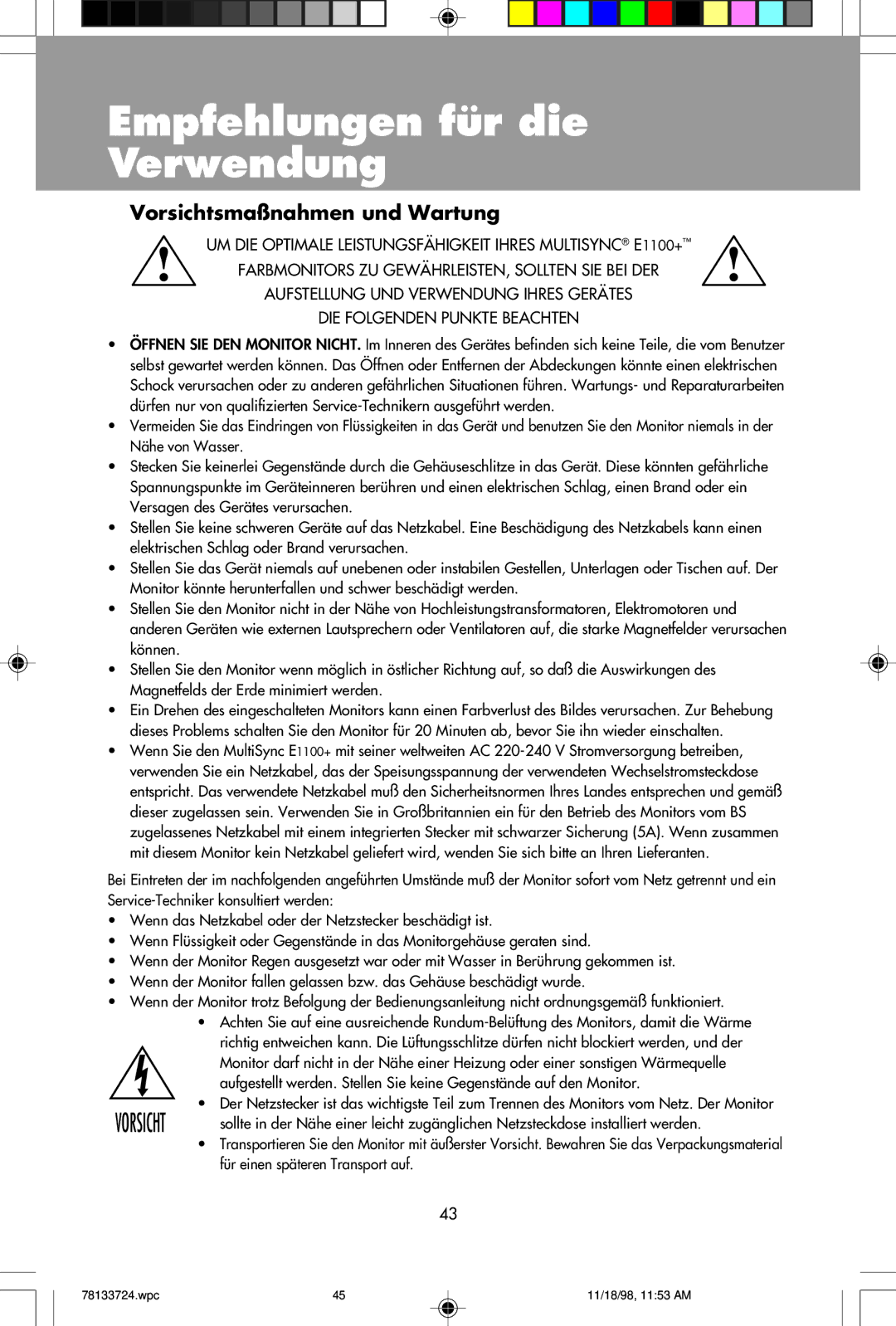 NEC E1100+ user manual Empfehlungen für die Verwendung, Vorsichtsmaßnahmen und Wartung 