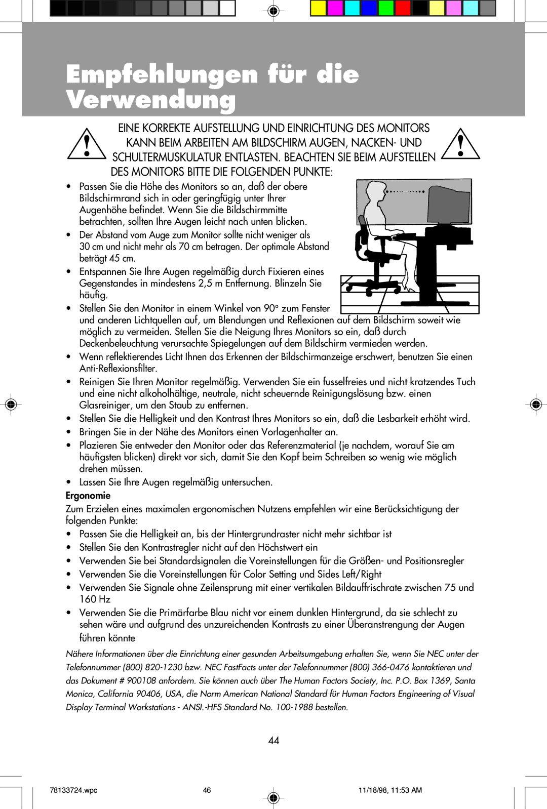 NEC E1100+ user manual DES Monitors Bitte DIE Folgenden Punkte 