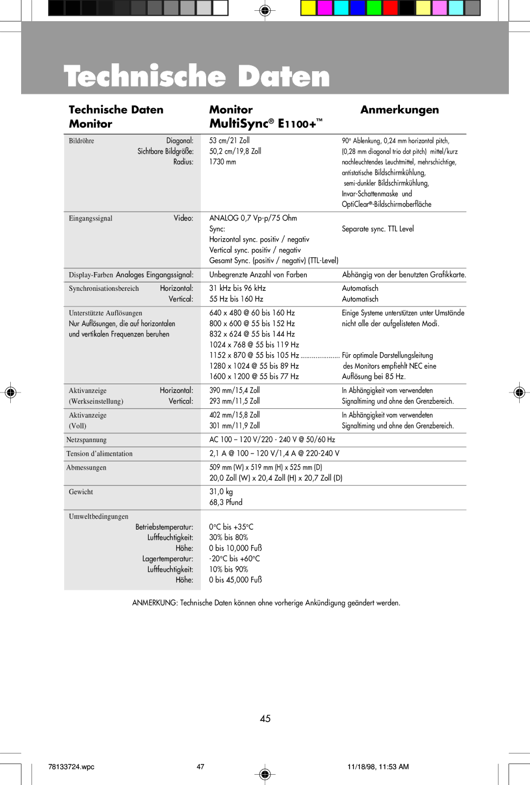 NEC E1100+ user manual Technische Daten, 301 mm/11,9 Zoll 