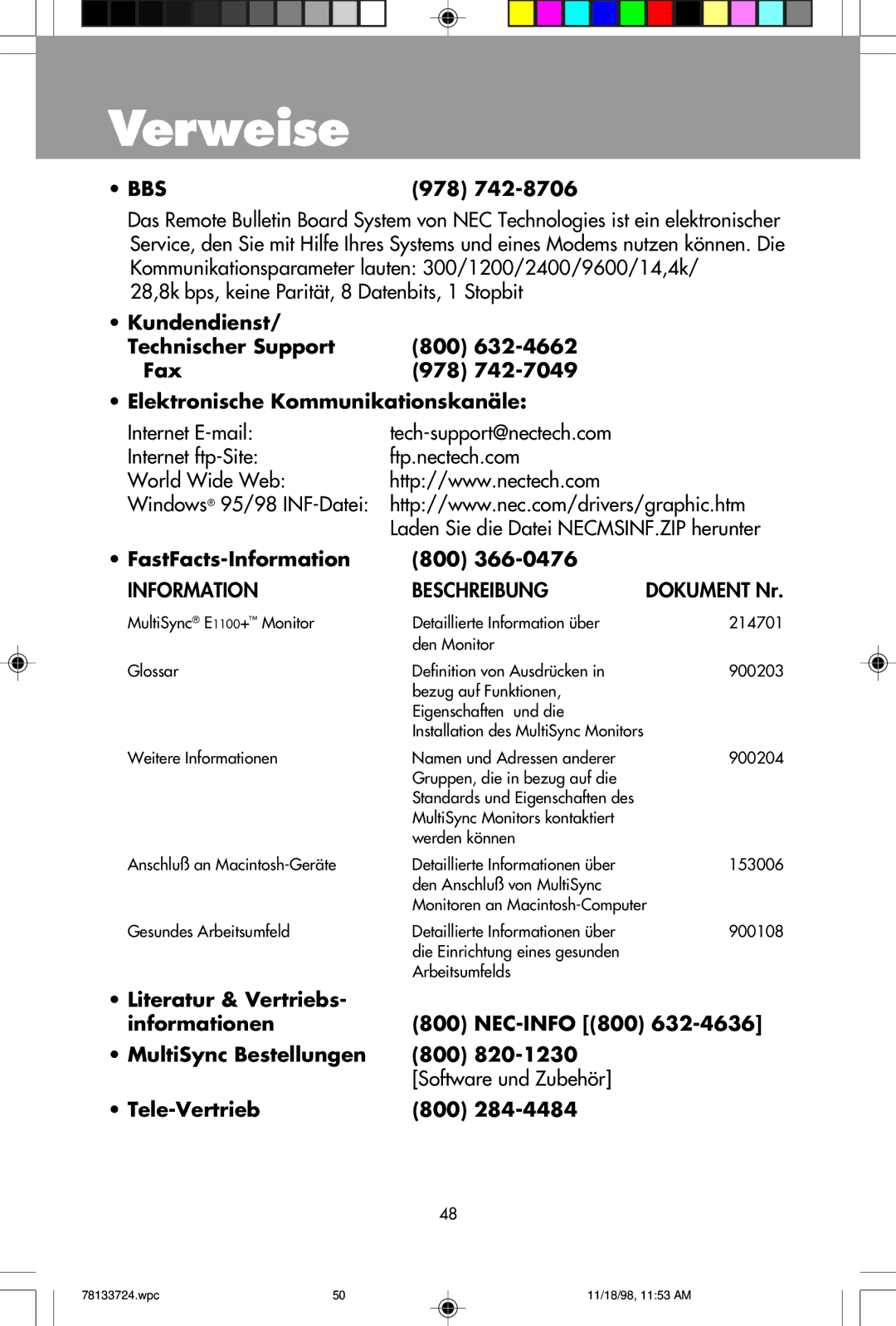 NEC E1100+ user manual Verweise, FastFacts-Information 800, Tele-Vertrieb 800 