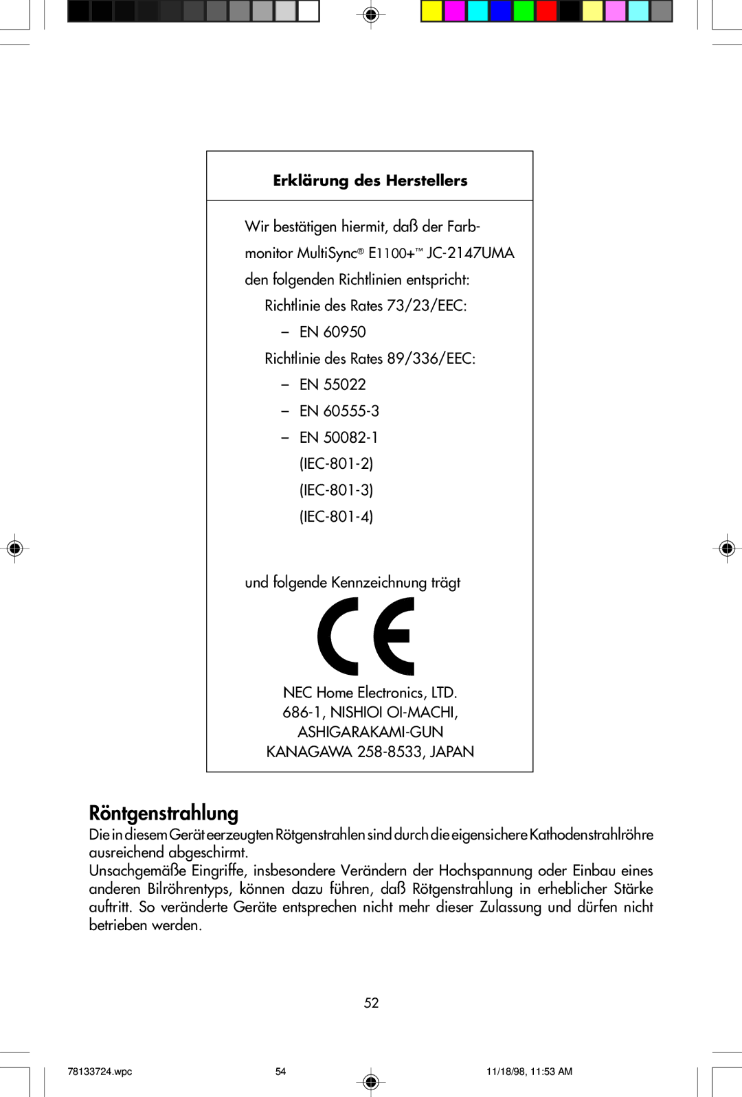 NEC E1100+ user manual Erklärung des Herstellers 