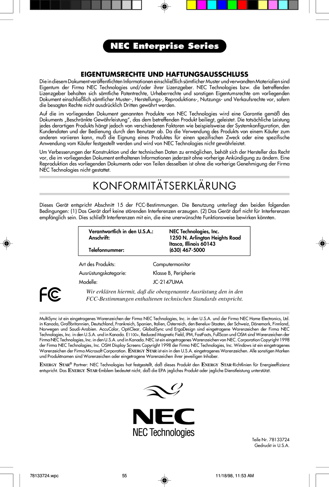 NEC E1100+ user manual Konformitätserklärung 