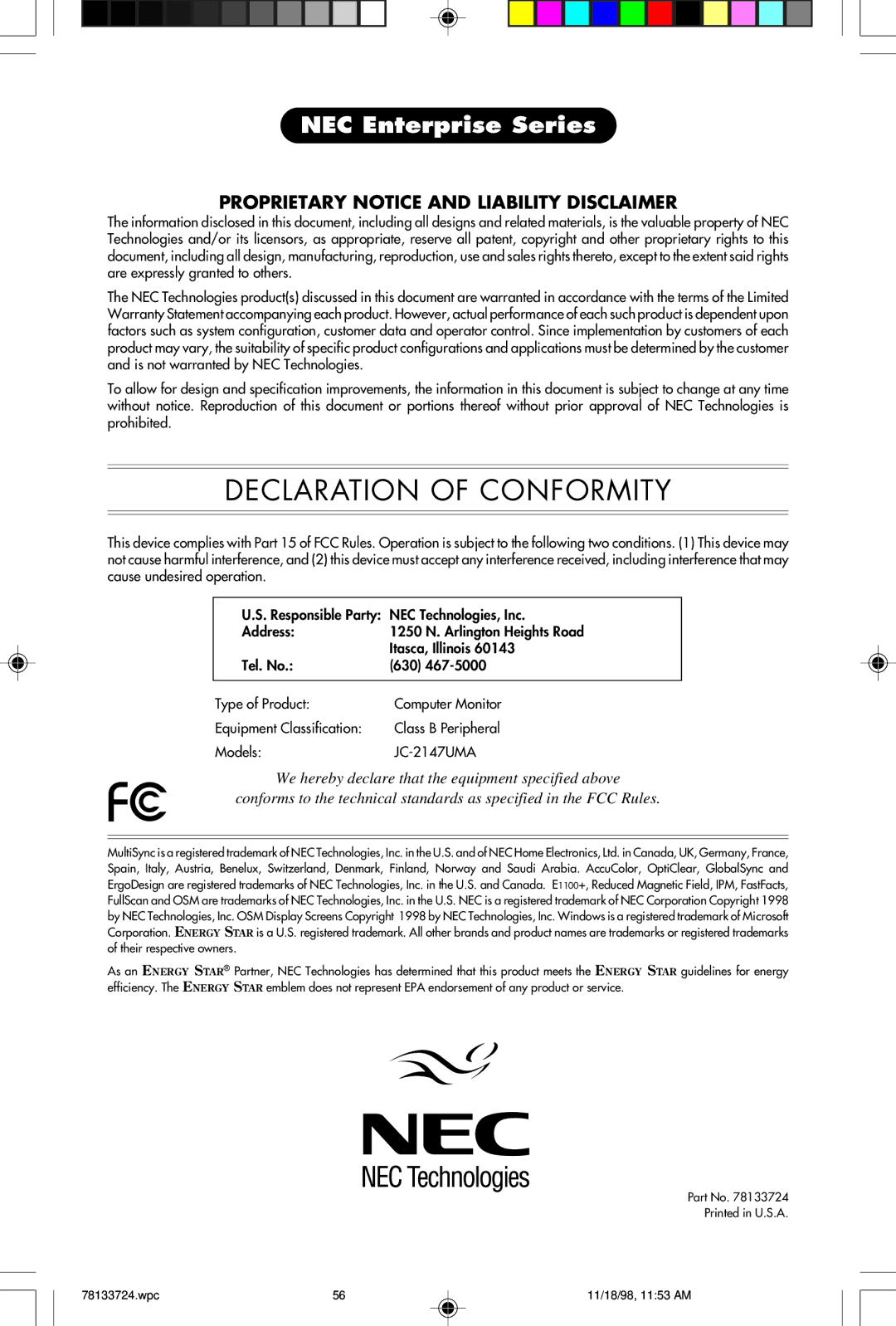 NEC E1100+ user manual Declaration of Conformity 