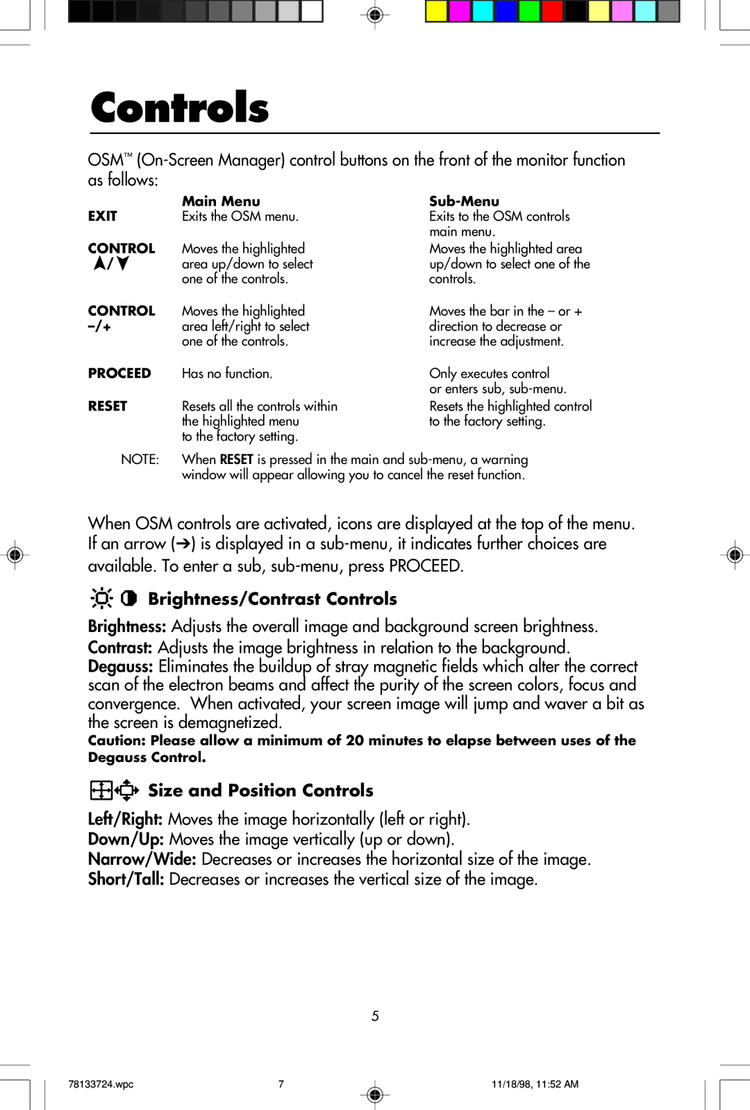 NEC E1100+ user manual Brightness/Contrast Controls, Size and Position Controls 