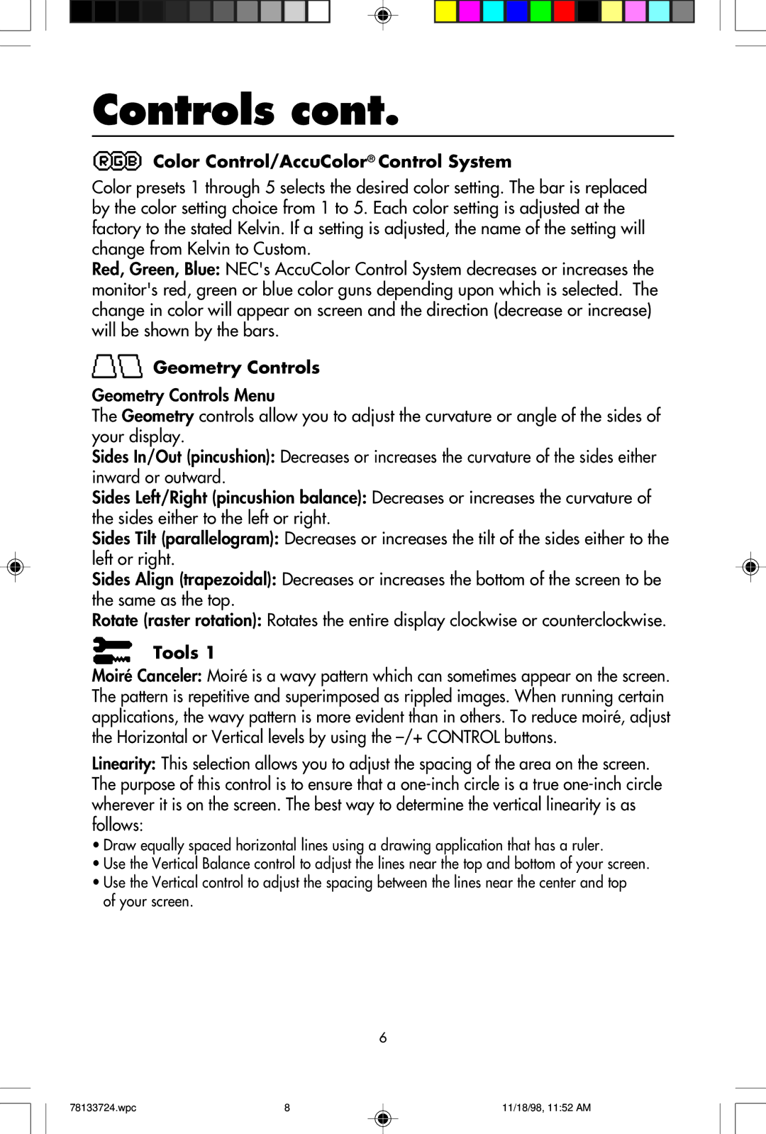 NEC E1100+ user manual Color Control/AccuColor Control System, Geometry Controls, Tools 