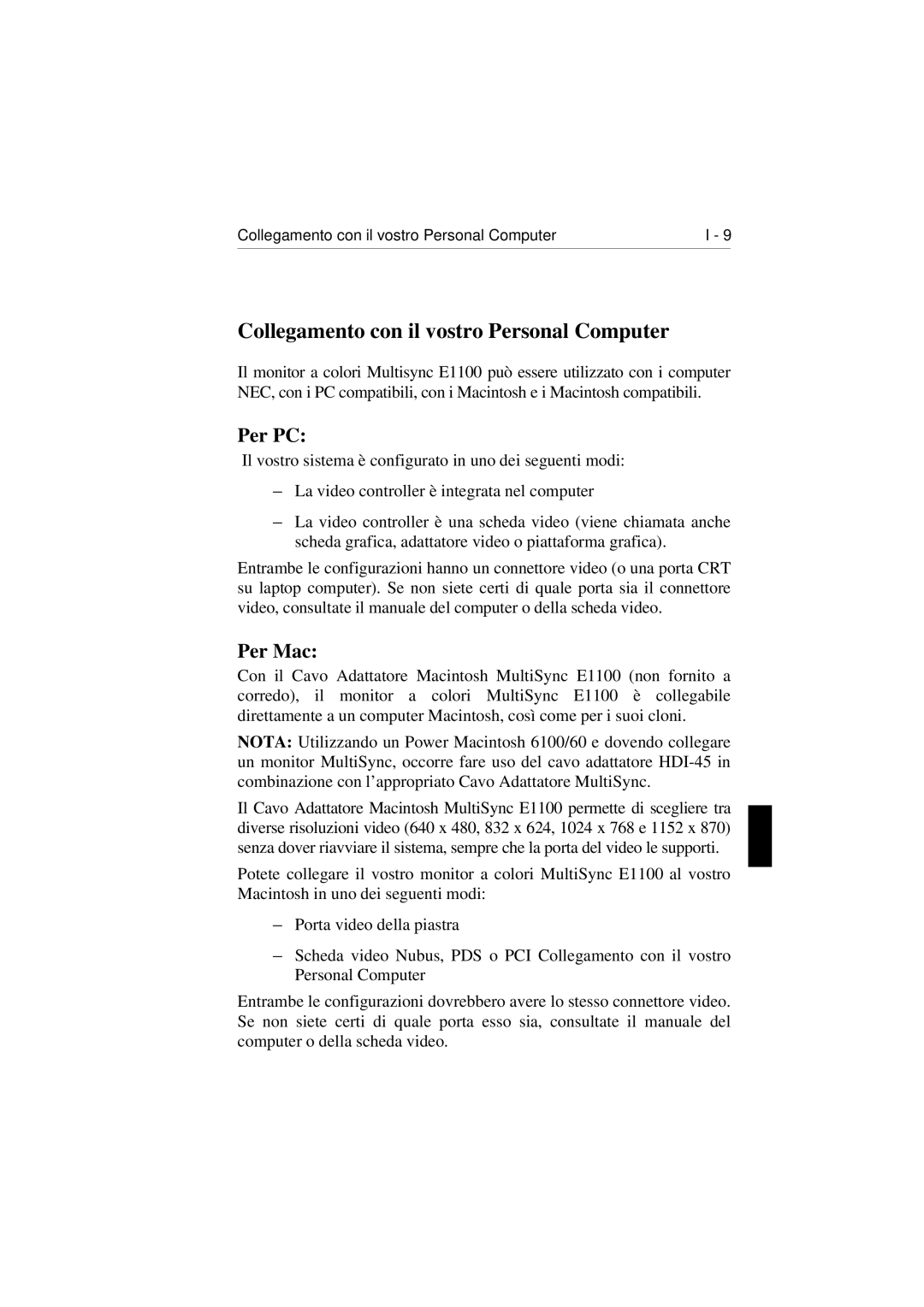 NEC E1100 user manual Collegamento con il vostro Personal Computer, Per PC, Per Mac 