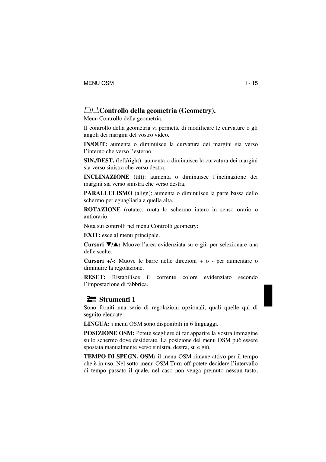 NEC E1100 user manual Controllo della geometria Geometry, Strumenti 