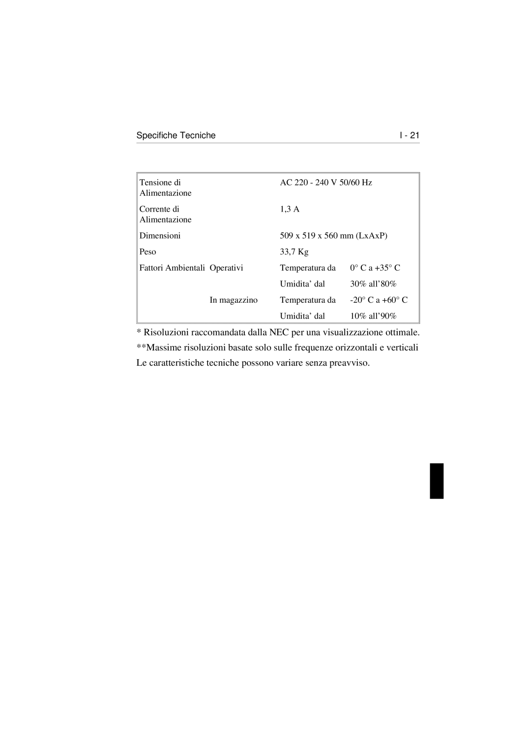 NEC E1100 user manual Specifiche Tecniche 