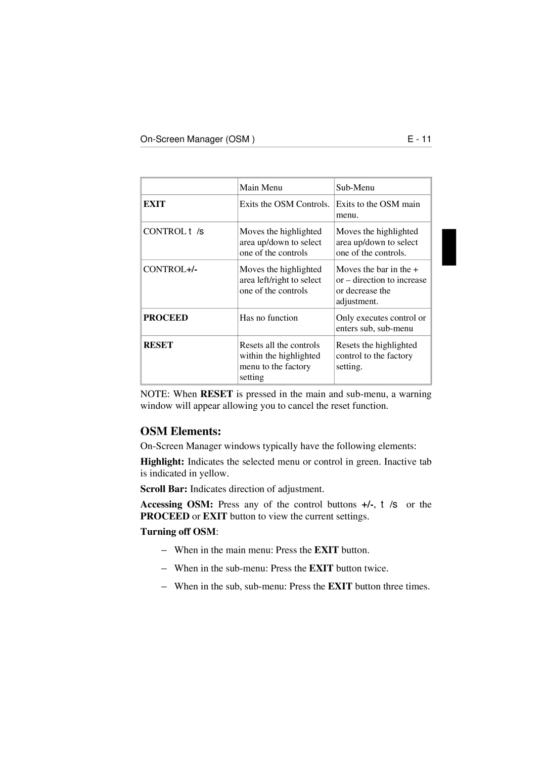 NEC E1100 user manual OSM Elements, Turning off OSM 