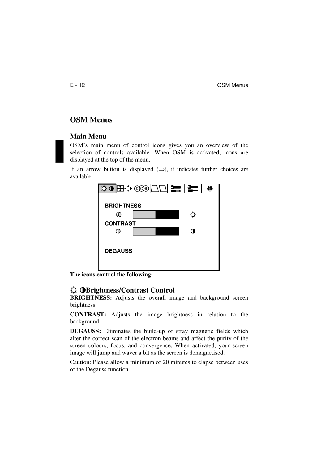 NEC E1100 user manual OSM Menus, Main Menu, Brightness/Contrast Control, Icons control the following 