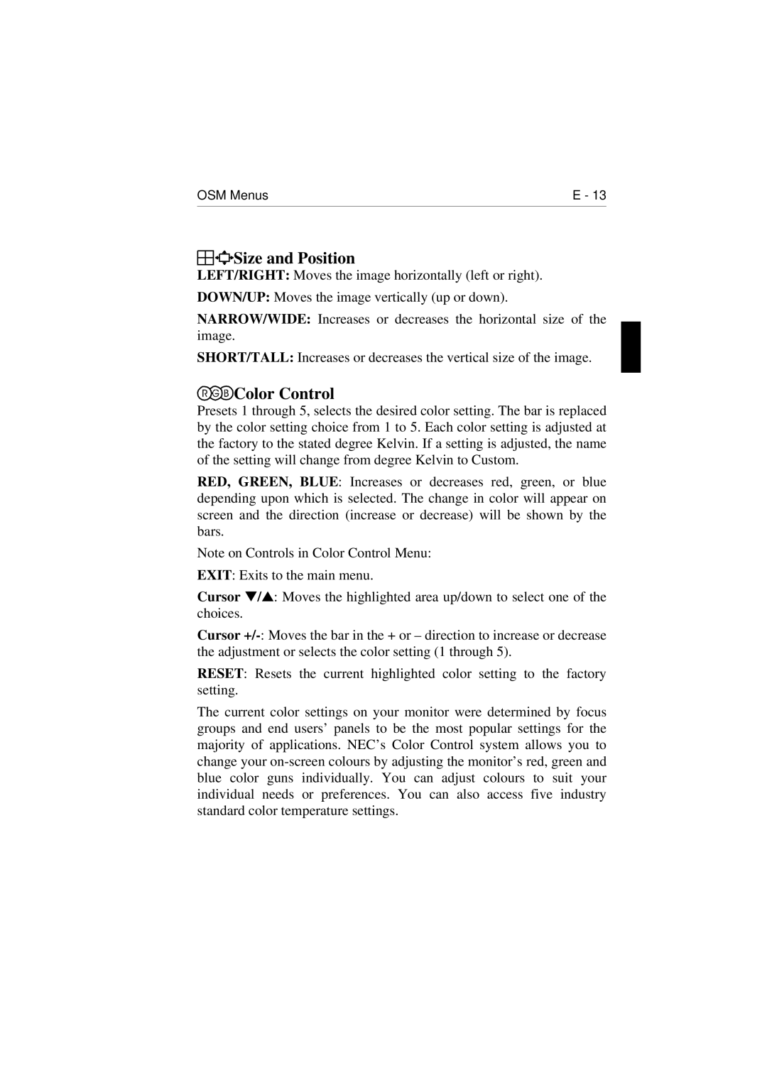 NEC E1100 user manual Size and Position, Color Control 