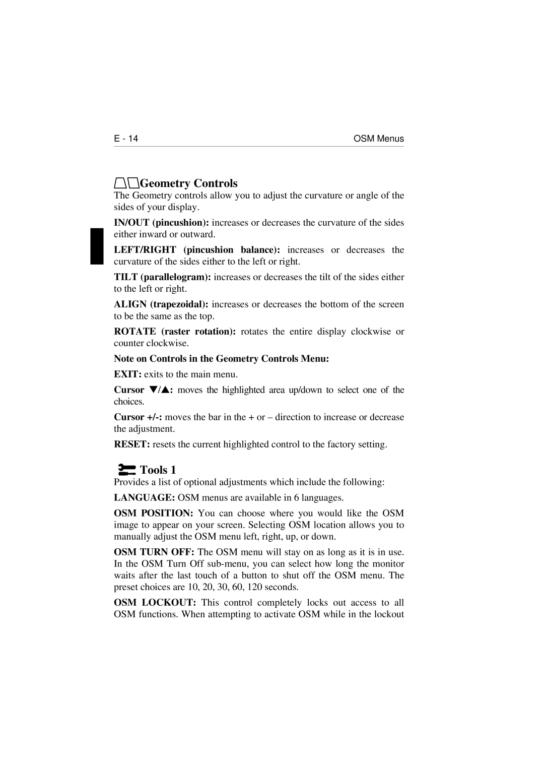 NEC E1100 user manual Geometry Controls, Tools 