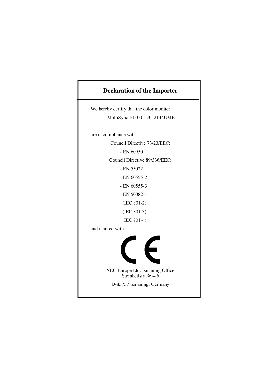 NEC E1100 user manual Declaration of the Importer 