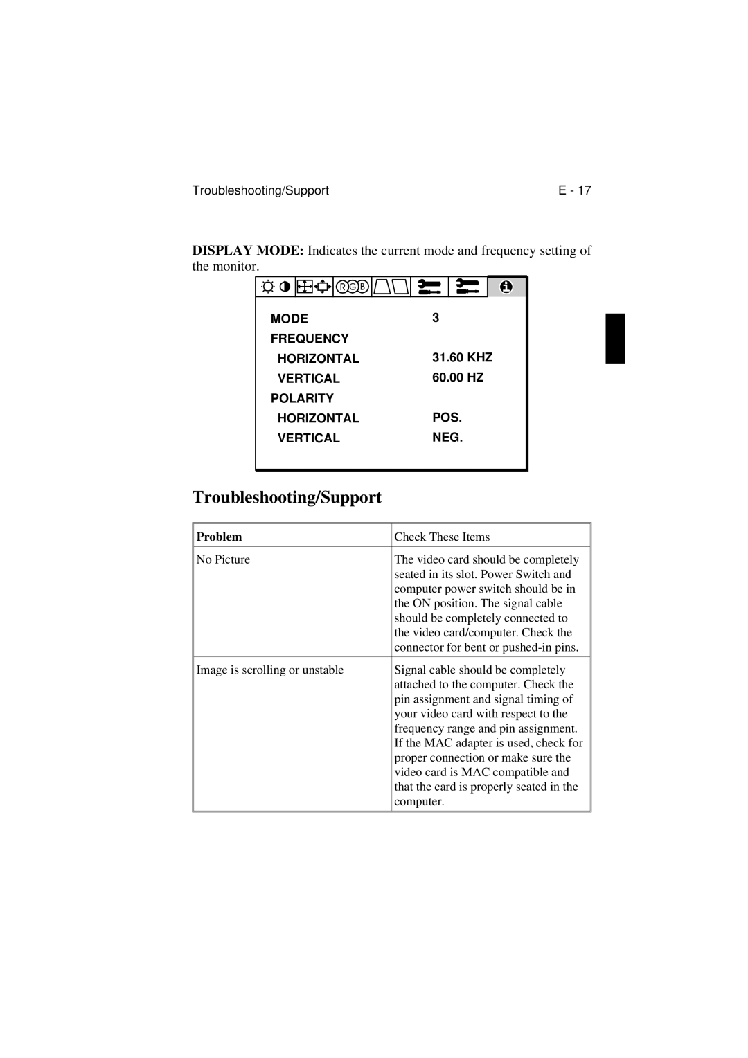 NEC E1100 user manual Troubleshooting/Support, Problem 