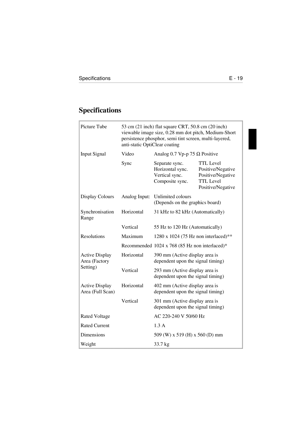 NEC E1100 user manual Specifications 