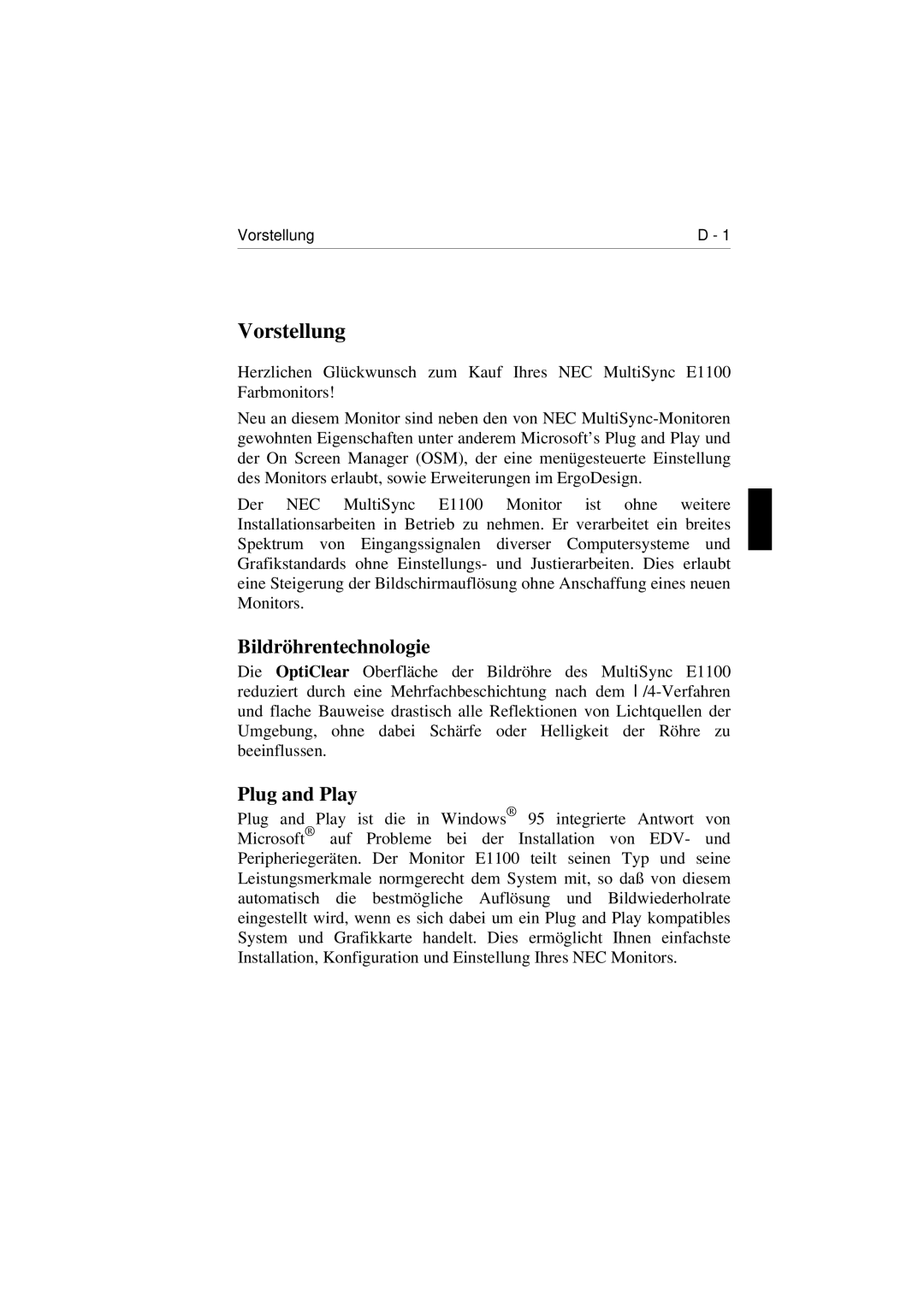 NEC E1100 user manual Vorstellung, Bildröhrentechnologie 