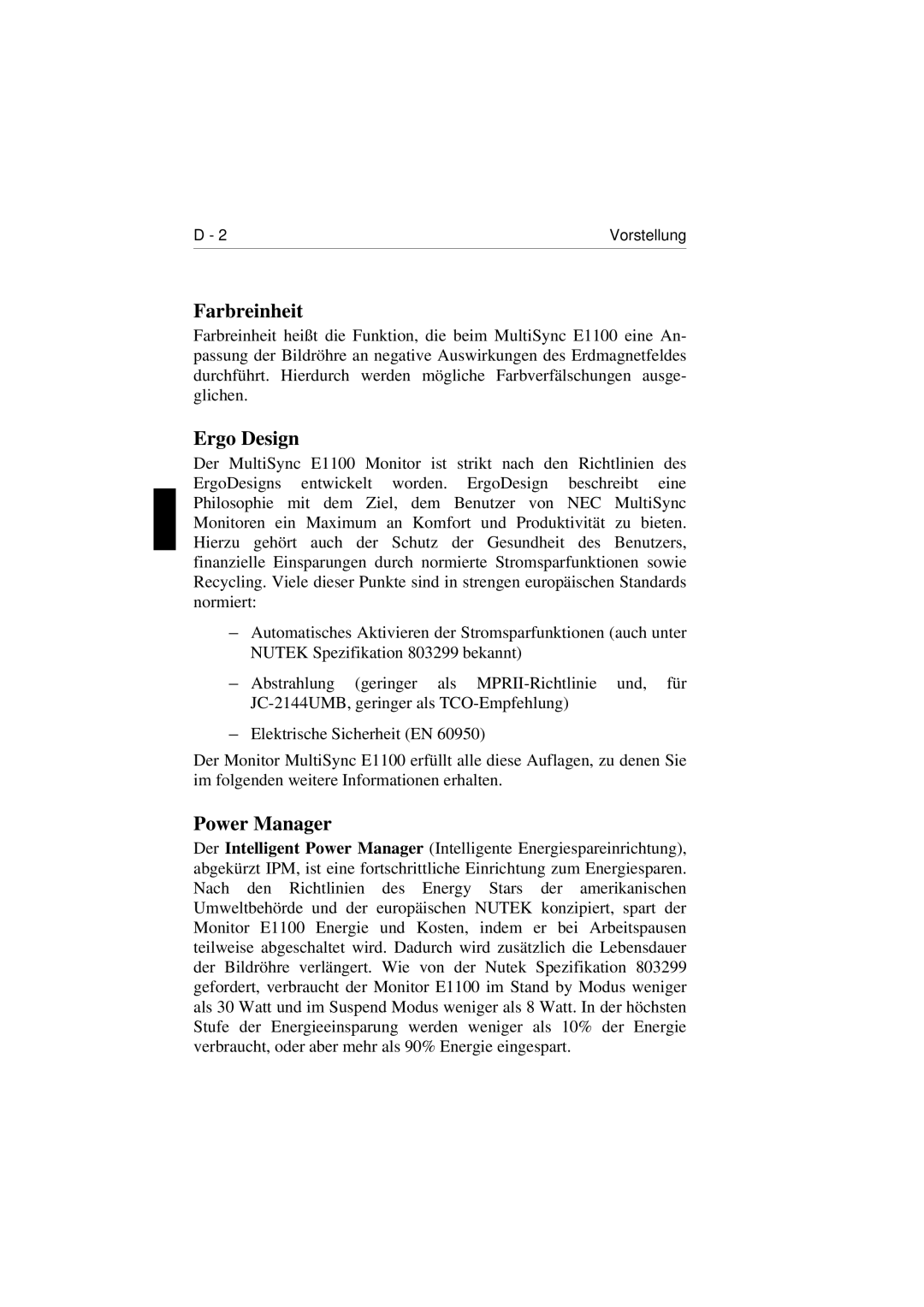 NEC E1100 user manual Farbreinheit, Ergo Design 