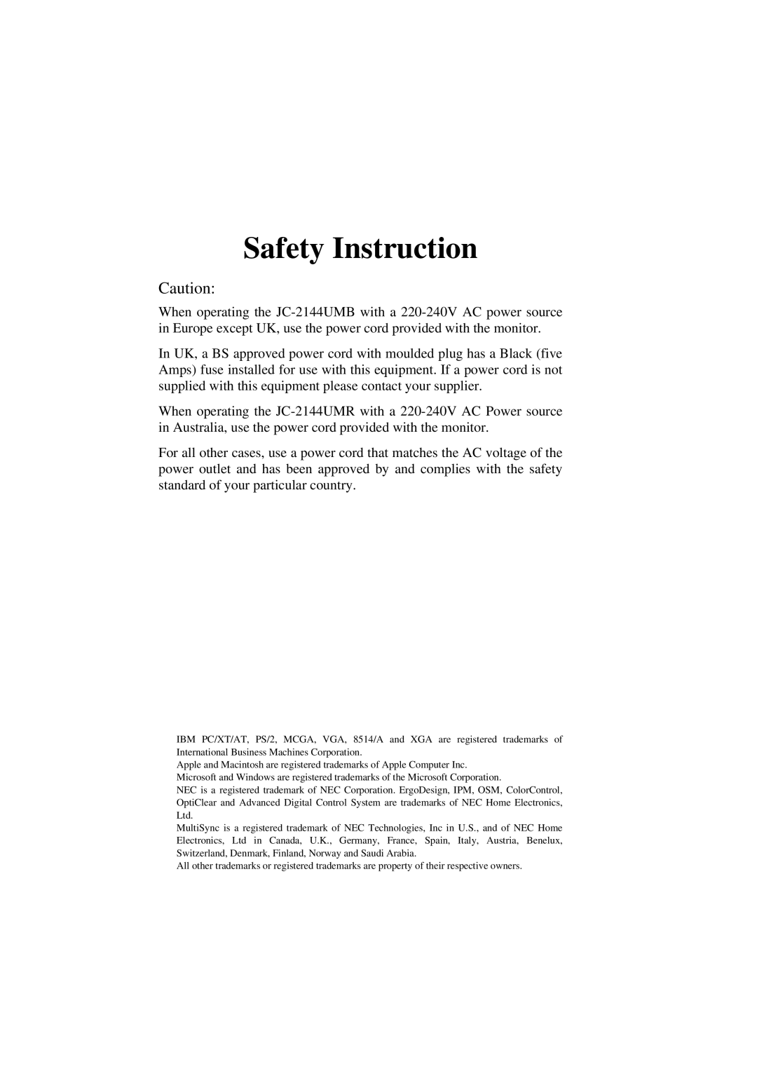 NEC E1100 user manual Safety Instruction 