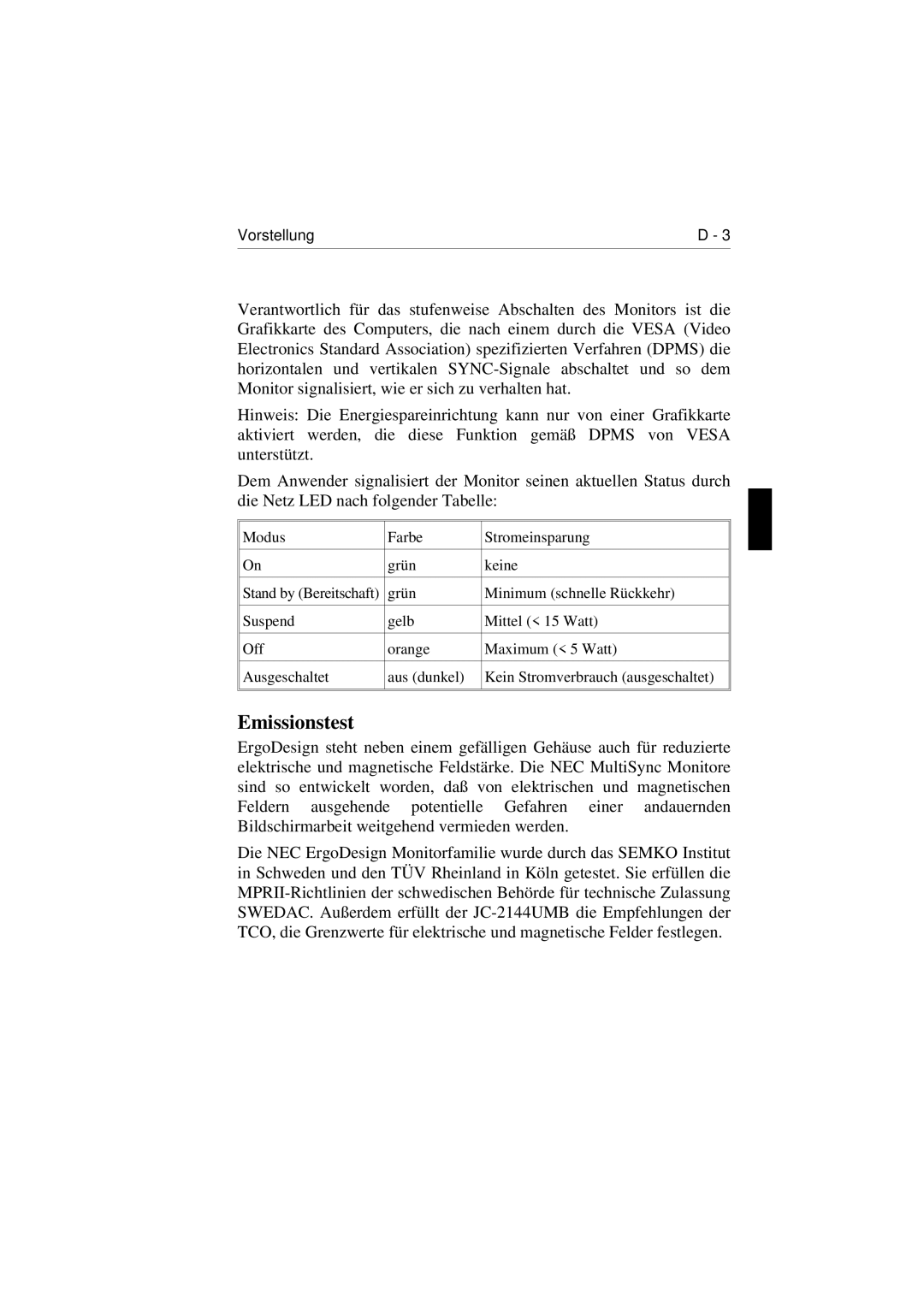 NEC E1100 user manual Emissionstest 