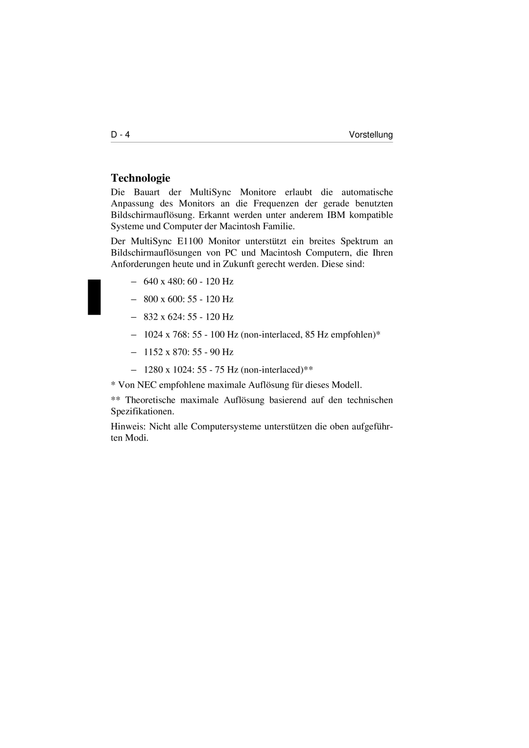 NEC E1100 user manual Technologie 