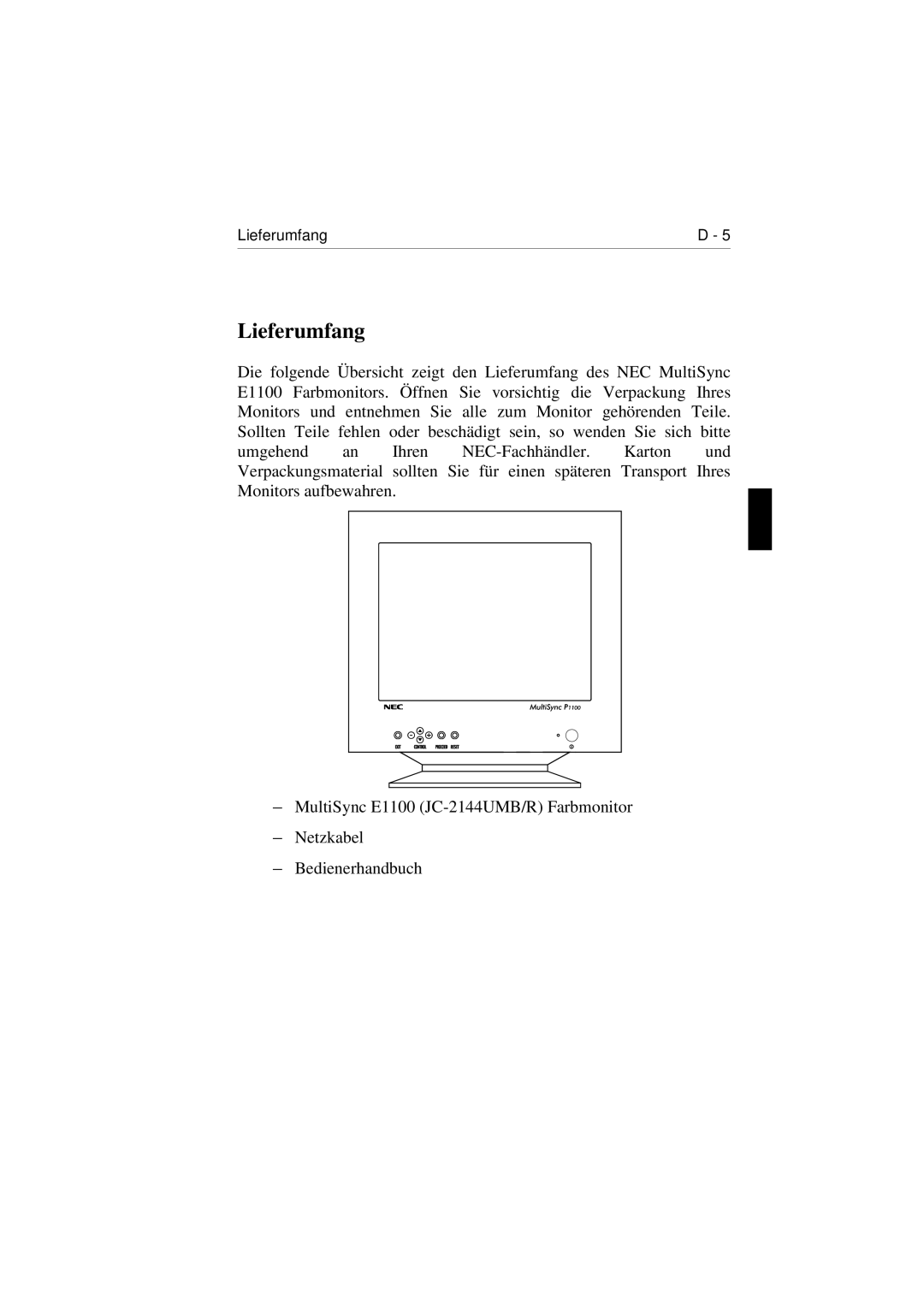 NEC E1100 user manual Lieferumfang 