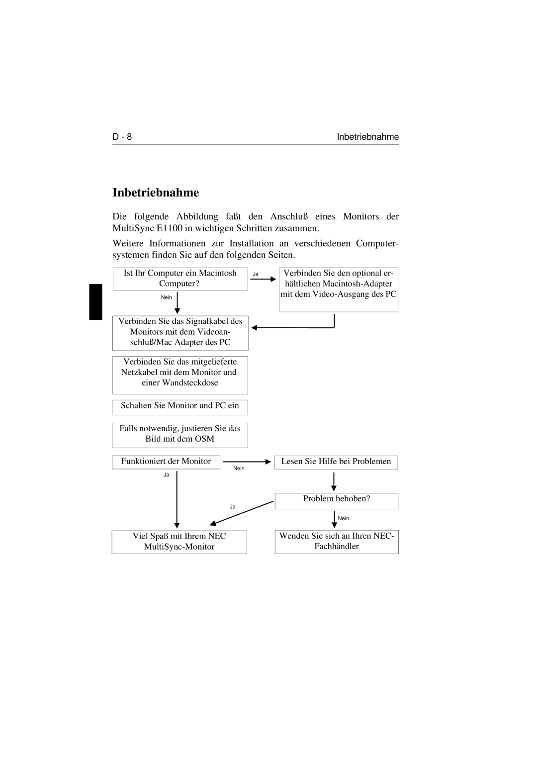 NEC E1100 user manual Inbetriebnahme 