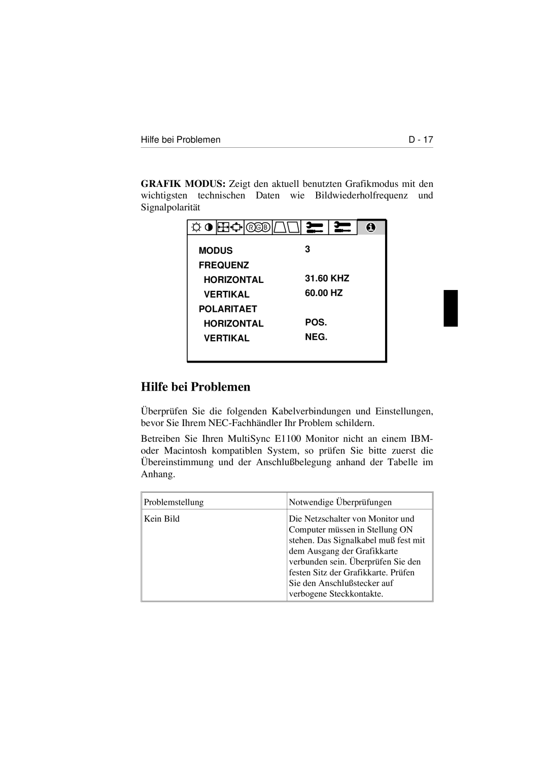 NEC E1100 user manual Hilfe bei Problemen 