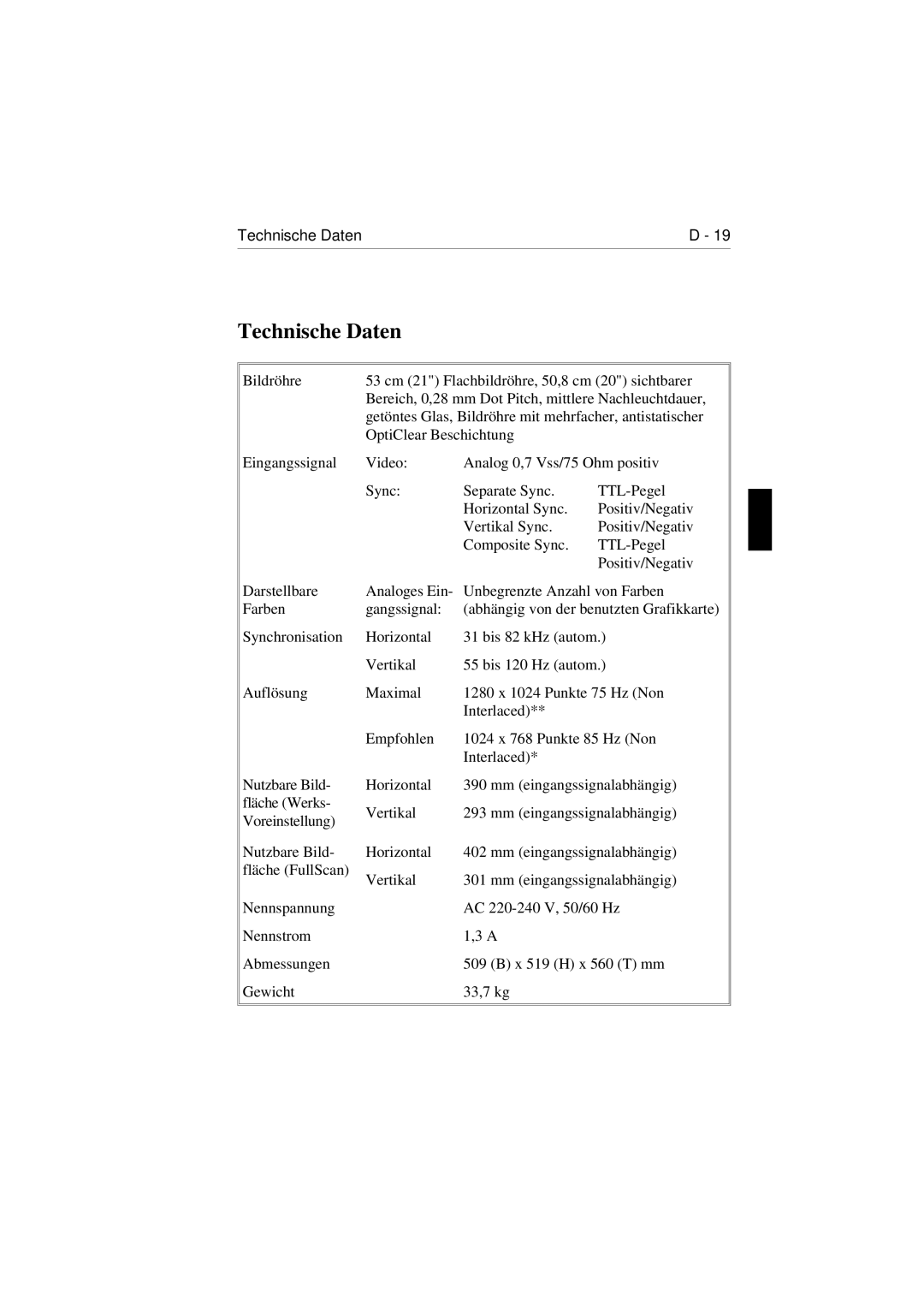 NEC E1100 user manual Technische Daten 