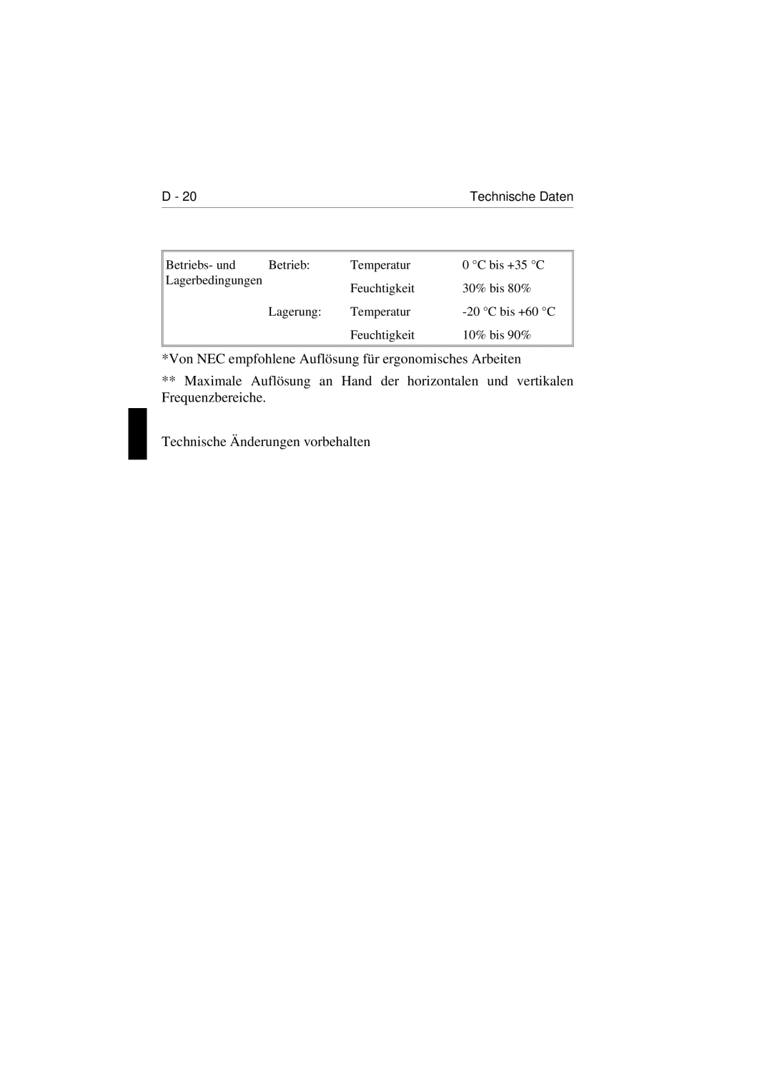 NEC E1100 user manual Technische Daten 