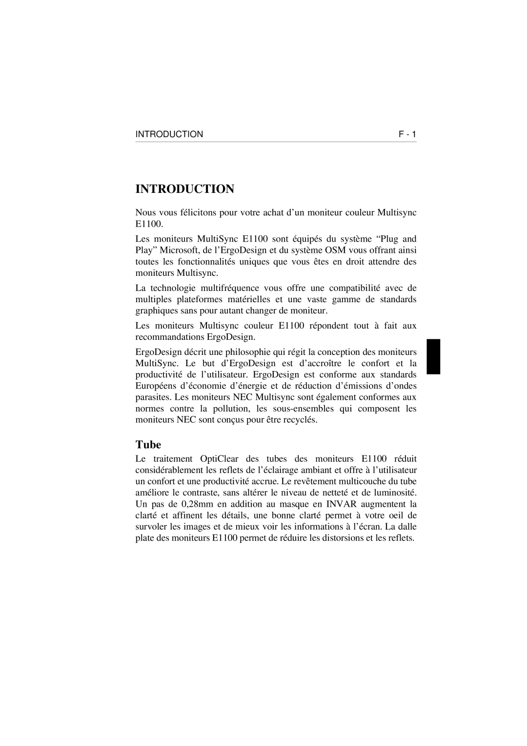 NEC E1100 user manual Introduction, Tube 