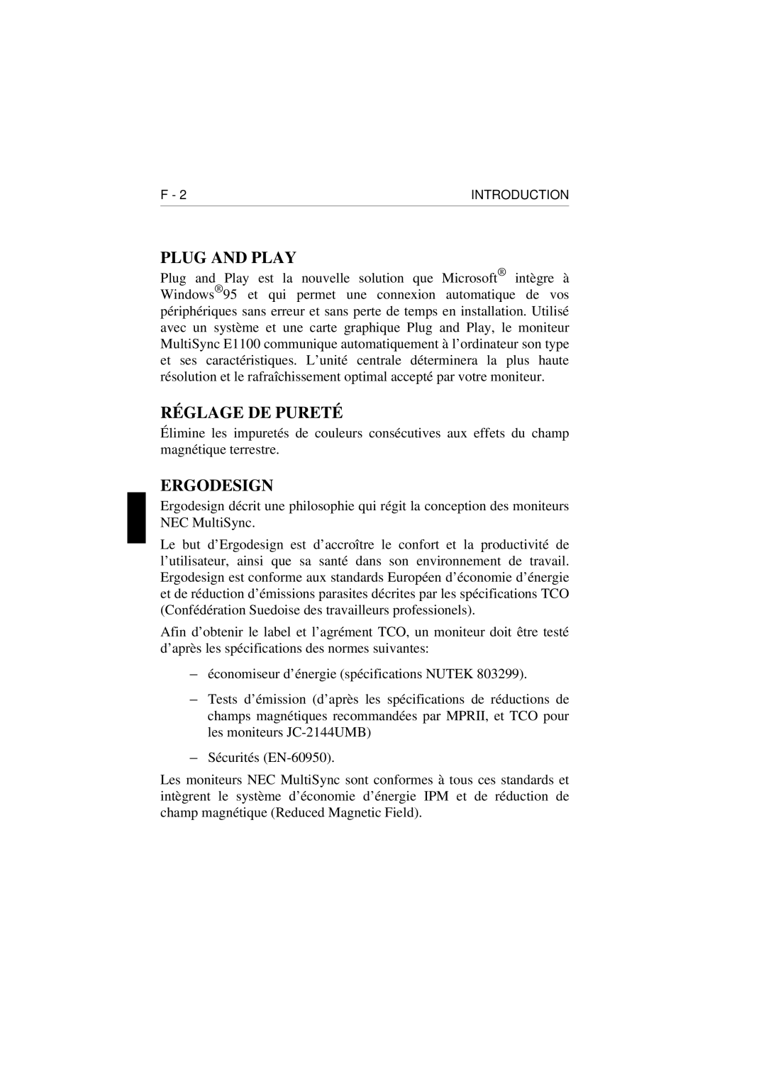 NEC E1100 user manual Réglage DE Pureté 