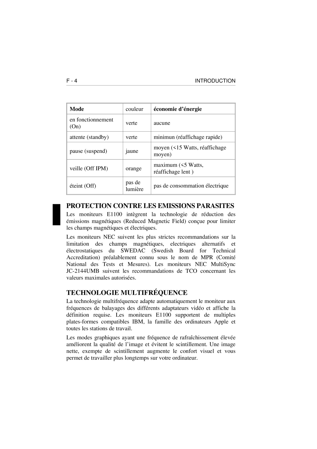 NEC E1100 user manual Mode, Économie d’énergie 