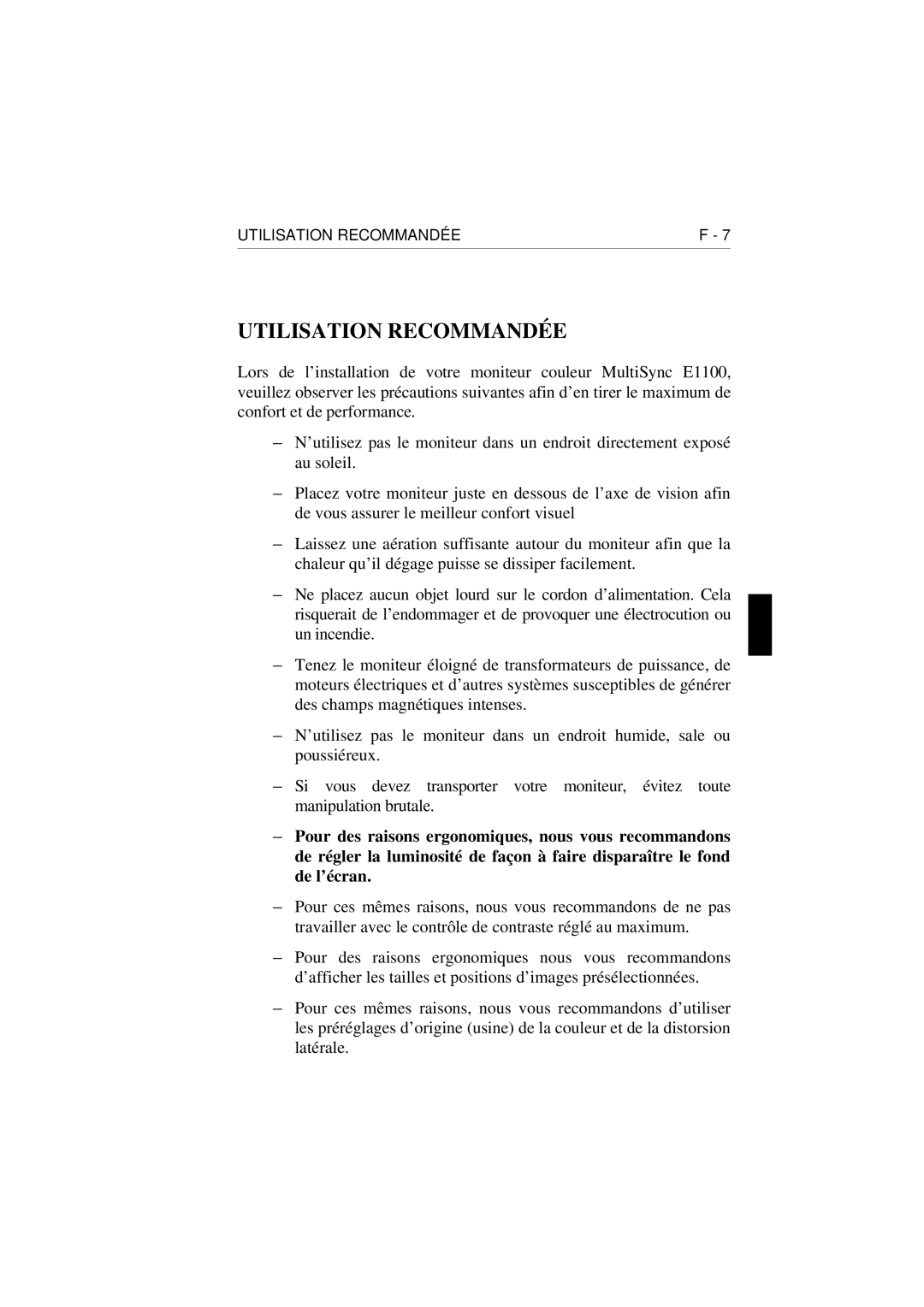 NEC E1100 user manual Utilisation Recommandée 