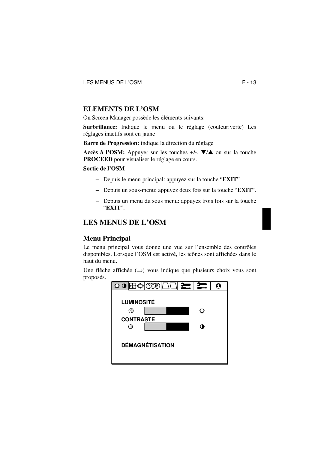 NEC E1100 user manual Menu Principal, Sortie de l’OSM 