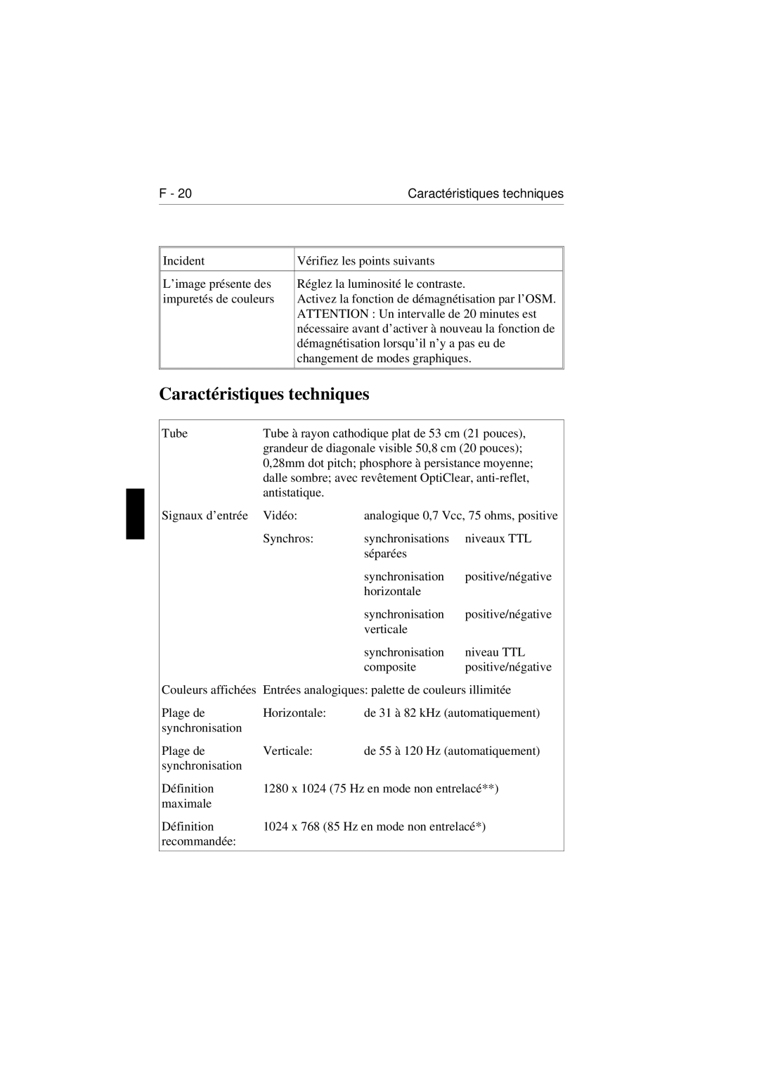 NEC E1100 user manual Caractéristiques techniques 