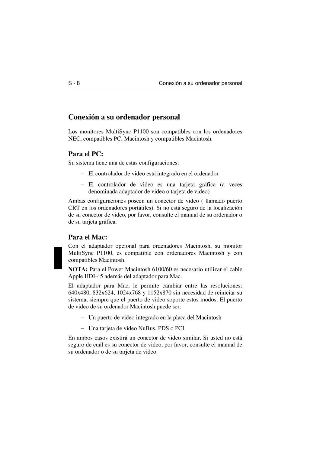 NEC E1100 user manual Conexión a su ordenador personal, Para el PC, Para el Mac 