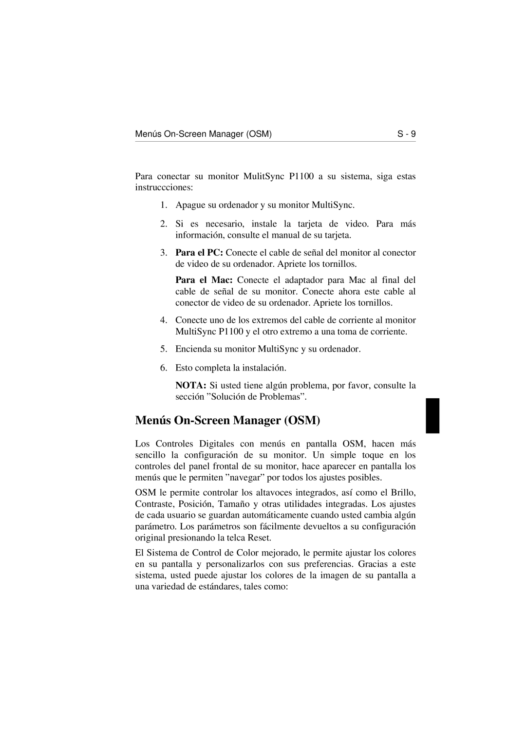 NEC E1100 user manual Menús On-Screen Manager OSM 