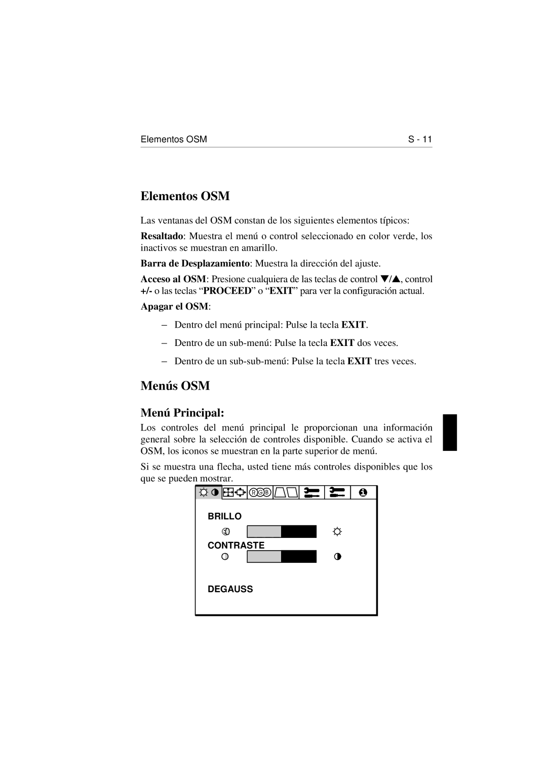 NEC E1100 user manual Elementos OSM, Menús OSM, Menú Principal, Apagar el OSM 