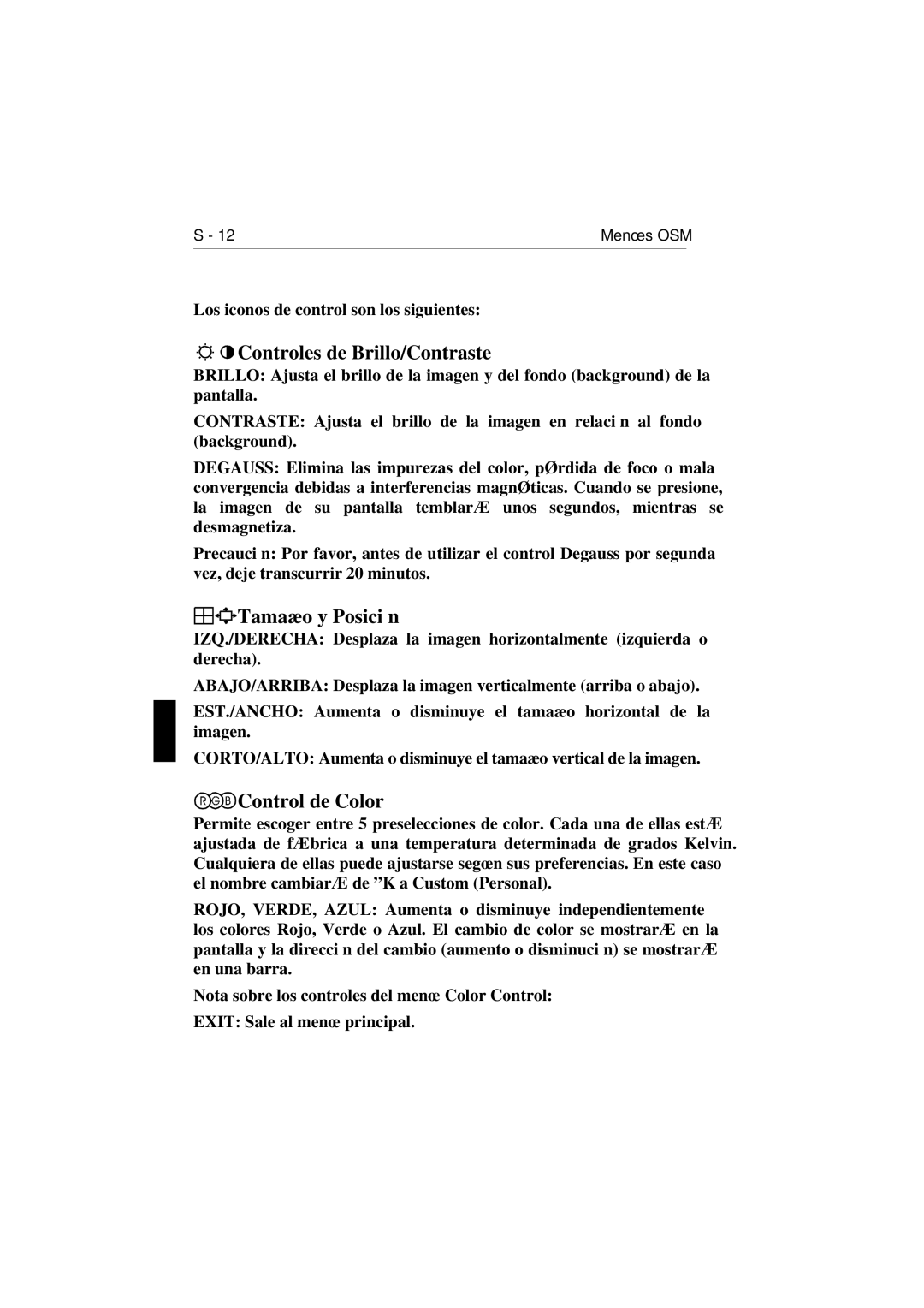 NEC E1100 Controles de Brillo/Contraste, Tamaño y Posición, Control de Color, Los iconos de control son los siguientes 