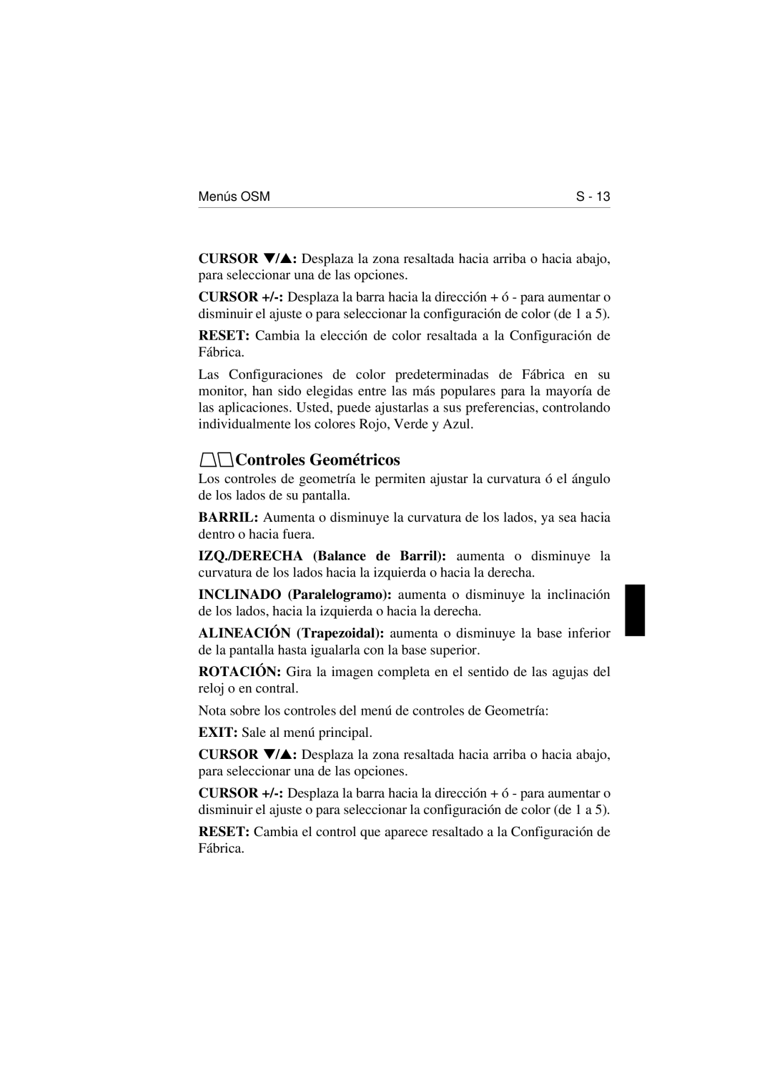 NEC E1100 user manual Controles Geométricos 