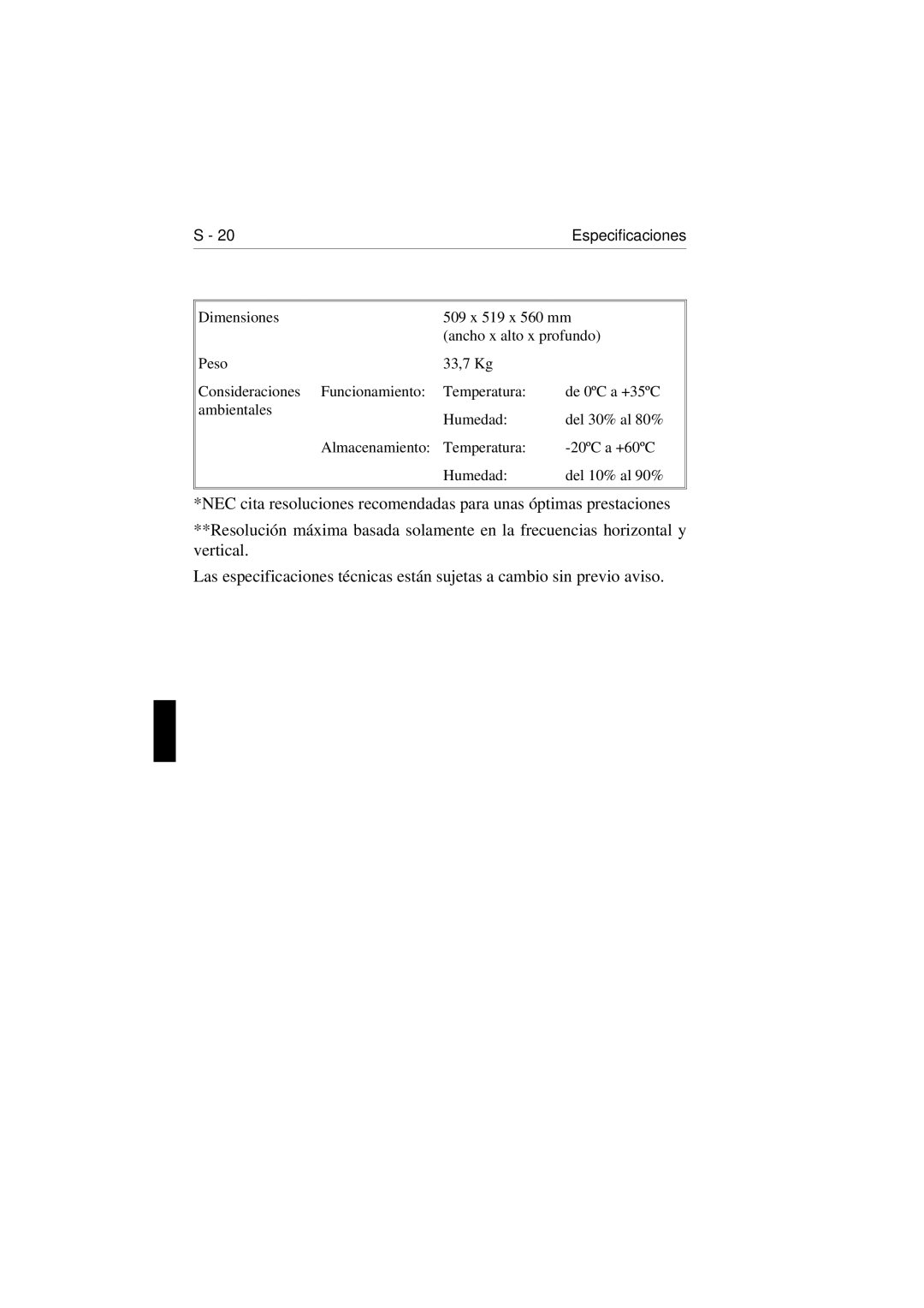 NEC E1100 user manual Especificaciones 